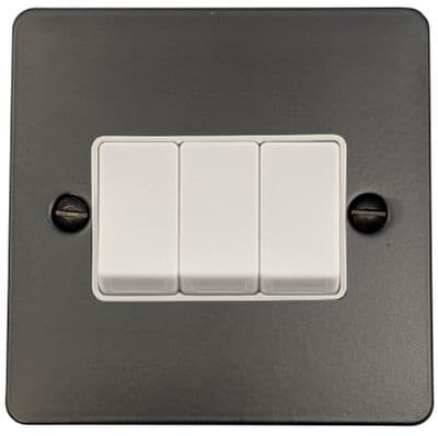 G&H FFB3W Flat Plate Matt Black 3 Gang 1 or 2 Way Rocker Light Switch