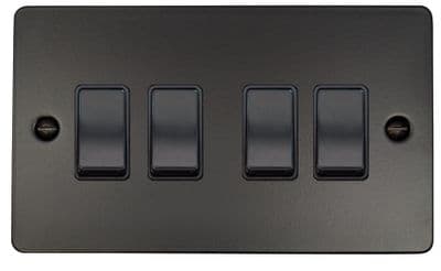 G&H FFB4B Flat Plate Matt Black 4 Gang 1 or 2 Way Rocker Light Switch