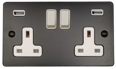 G&H FFB910W Flat Plate Matt Black 2 Gang Double 13A Switched Plug Socket 2.1A USB