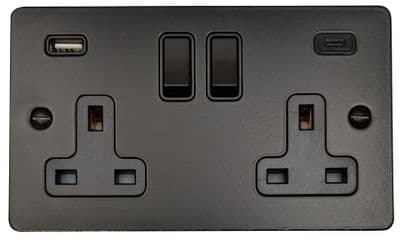 G&H FFB911B Flat Plate Matt Black 2 Gang Double 13A Plug Socket 3.1A USB A + C