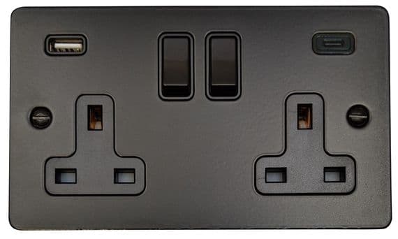 G&H FFB911B Flat Plate Matt Black 2 Gang Double 13A Plug Socket 3.1A USB A + C