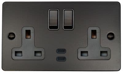 G&H FFB913B Flat Plate Matt Black 2 Gang Double 13A Plug Socket Dual 4.2A USB C