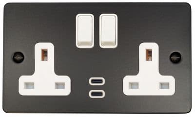 G&H FFB913W Flat Plate Matt Black 2 Gang Double 13A Plug Socket Dual 4.2A USB C