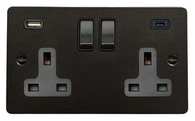 G&H FG3911 Flat Plate Graphite 2 Gang Double 13A Plug Socket 3.1A USB A + C