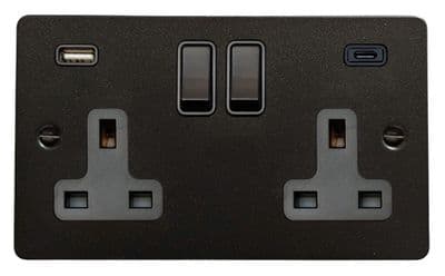 G&H FG911B Flat Plate Graphite 2 Gang Double 13A Plug Socket 3.1A USB A + C