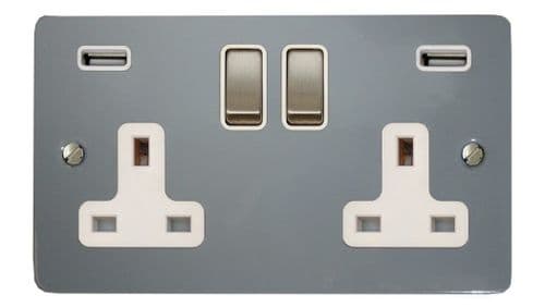G&H FLG2910 Flat Plate Light Grey 2 Gang Double 13A Switched Plug Socket 2.1A USB