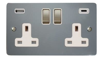 G&H FLG2911 Flat Plate Light Grey 2 Gang Double 13A Plug Socket 3.1A USB A + C