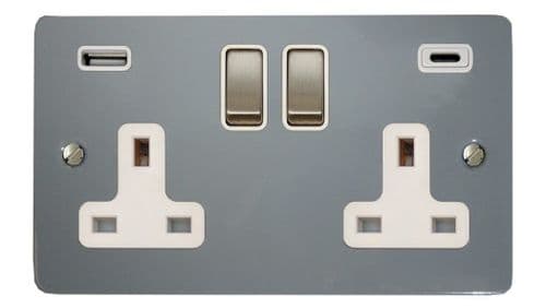 G&H FLG2911 Flat Plate Light Grey 2 Gang Double 13A Plug Socket 3.1A USB A + C