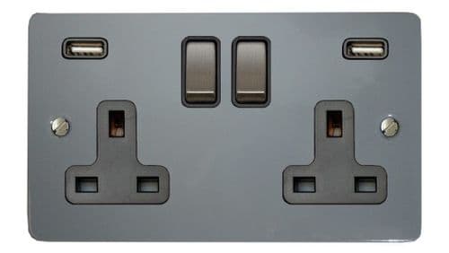 G&H FLG3910 Flat Plate Light Grey 2 Gang Double 13A Switched Plug Socket 2.1A USB