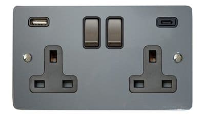 G&H FLG3911 Flat Plate Light Grey 2 Gang Double 13A Plug Socket 3.1A USB A + C