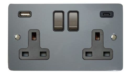 G&H FLG3911 Flat Plate Light Grey 2 Gang Double 13A Plug Socket 3.1A USB A + C
