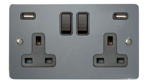 G&H FLG910B Flat Plate Light Grey 2 Gang Double 13A Switched Plug Socket 2.1A USB
