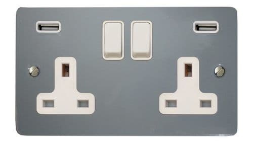 G&H FLG910W Flat Plate Light Grey 2 Gang Double 13A Switched Plug Socket 2.1A USB