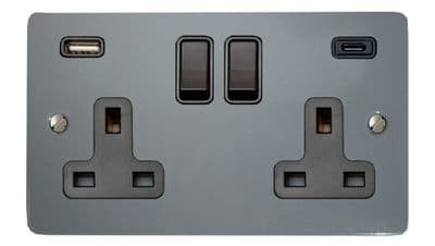 G&H FLG911B Flat Plate Light Grey 2 Gang Double 13A Plug Socket 3.1A USB A + C
