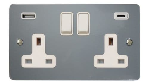 G&H FLG911W Flat Plate Light Grey 2 Gang Double 13A Plug Socket 3.1A USB A + C