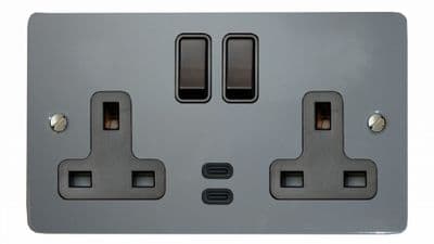 G&H FLG913B Flat Plate Light Grey 2 Gang Double 13A Plug Socket Dual 4.2A USB C