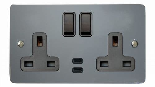 G&H FLG913B Flat Plate Light Grey 2 Gang Double 13A Plug Socket Dual 4.2A USB C