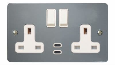 G&H FLG913W Flat Plate Light Grey 2 Gang Double 13A Plug Socket Dual 4.2A USB C