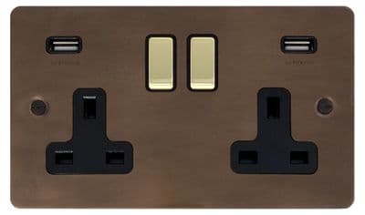 G&H FMBZ3910-PB Flat Plate Medium Bronze 2 Gang Double 13A Switched Plug Socket 2.1A USB
