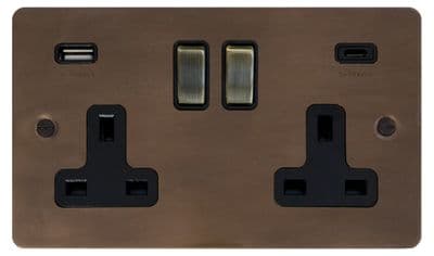 G&H FMBZ3911-AB Flat Plate Medium Bronze 2 Gang Double 13A Plug Socket 3.1A USB A + C
