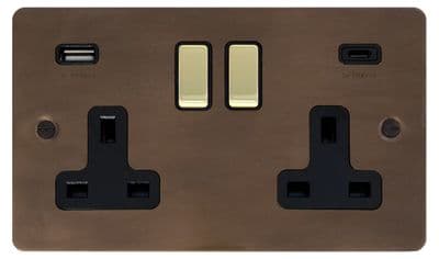 G&H FMBZ3911-PB Flat Plate Medium Bronze 2 Gang Double 13A Plug Socket 3.1A USB A + C