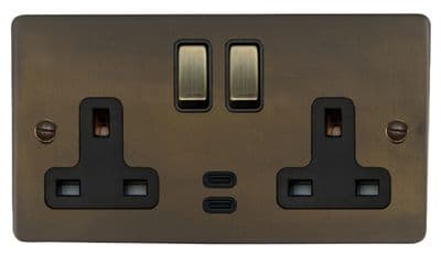 G&H FMBZ3913-AB Flat Plate Medium Bronze 2 Gang Double 13A Plug Socket Dual 4.2A USB C