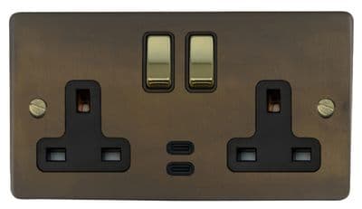G&H FMBZ3913-PB Flat Plate Medium Bronze 2 Gang Double 13A Plug Socket Dual 4.2A USB C