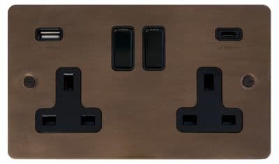 G&H FMBZ911B Flat Plate Medium Bronze 2 Gang Double 13A Plug Socket 3.1A USB A + C