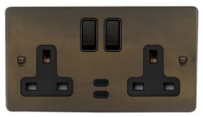 G&H FMBZ913B Flat Plate Medium Bronze 2 Gang Double 13A Plug Socket Dual 4.2A USB C