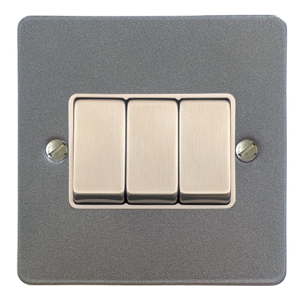 G&H FP203 Flat Plate Pewter 3 Gang 1 or 2 Way Rocker Light Switch