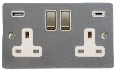 G&H FP2911 Flat Plate Pewter 2 Gang Double 13A Plug Socket 3.1A USB A + C