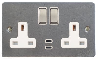 G&H FP2913 Flat Plate Pewter 2 Gang Double 13A Plug Socket Dual 4.2A USB C