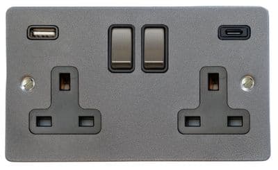G&H FP3911 Flat Plate Pewter 2 Gang Double 13A Plug Socket 3.1A USB A + C