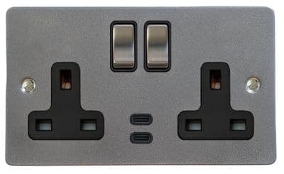 G&H FP3913 Flat Plate Pewter 2 Gang Double 13A Plug Socket Dual 4.2A USB C