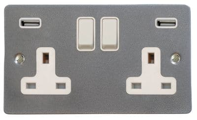 G&H FP910W Flat Plate Pewter 2 Gang Double 13A Switched Plug Socket 2.1A USB