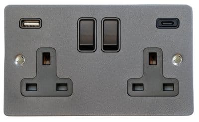 G&H FP911B Flat Plate Pewter 2 Gang Double 13A Plug Socket 3.1A USB A + C