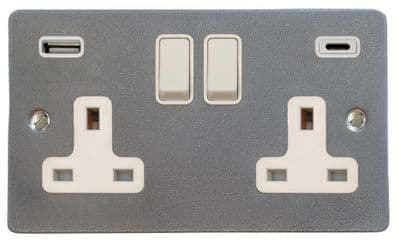 G&H FP911W Flat Plate Pewter 2 Gang Double 13A Plug Socket 3.1A USB A + C