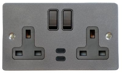 G&H FP913B Flat Plate Pewter 2 Gang Double 13A Plug Socket Dual 4.2A USB C