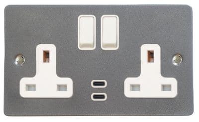 G&H FP913W Flat Plate Pewter 2 Gang Double 13A Plug Socket Dual 4.2A USB C