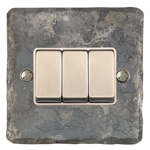G&H FR203 Flat Plate Rustic 3 Gang 1 or 2 Way Rocker Light Switch