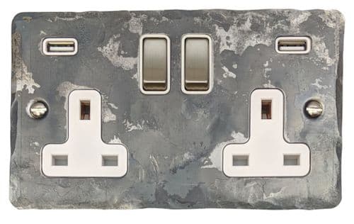 G&H FR2910 Flat Plate Rustic 2 Gang Double 13A Switched Plug Socket 2.1A USB