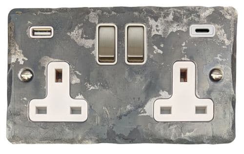 G&H FR2911 Flat Plate Rustic 2 Gang Double 13A Plug Socket 3.1A USB A + C