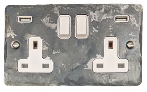 G&H FR910W Flat Plate Rustic 2 Gang Double 13A Switched Plug Socket USB
