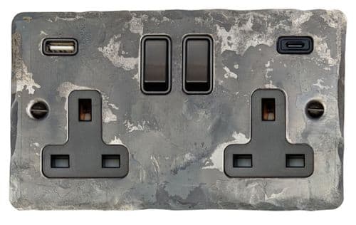 G&H FR911B Flat Plate Rustic 2 Gang Double 13A Plug Socket USB A + C