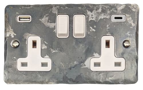 G&H FR911W Flat Plate Rustic 2 Gang Double 13A Plug Socket USB A + C