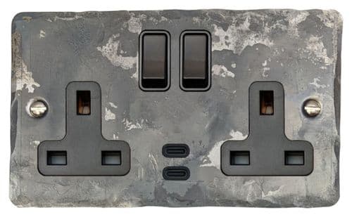 G&H FR913B Flat Plate Rustic 2 Gang Double 13A Plug Socket Dual 4.2A USB C