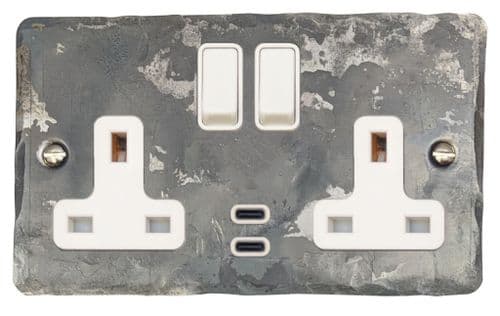 G&H FR913W Flat Plate Rustic 2 Gang Double 13A Plug Socket Dual 4.2A USB C