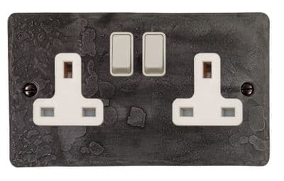 G&H FRP10W Flat Plate Rustic Pewter 2 Gang Double 13A Switched Plug Socket