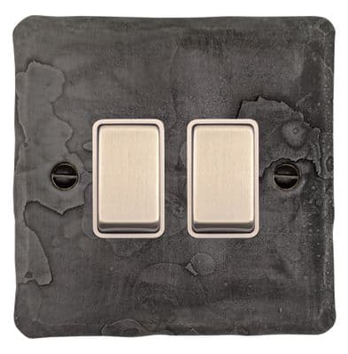 G&H FRP202 Flat Plate Rustic Pewter 2 Gang 1 or 2 Way Rocker Light Switch