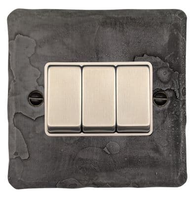 G&H FRP203 Flat Plate Rustic Pewter 3 Gang 1 or 2 Way Rocker Light Switch